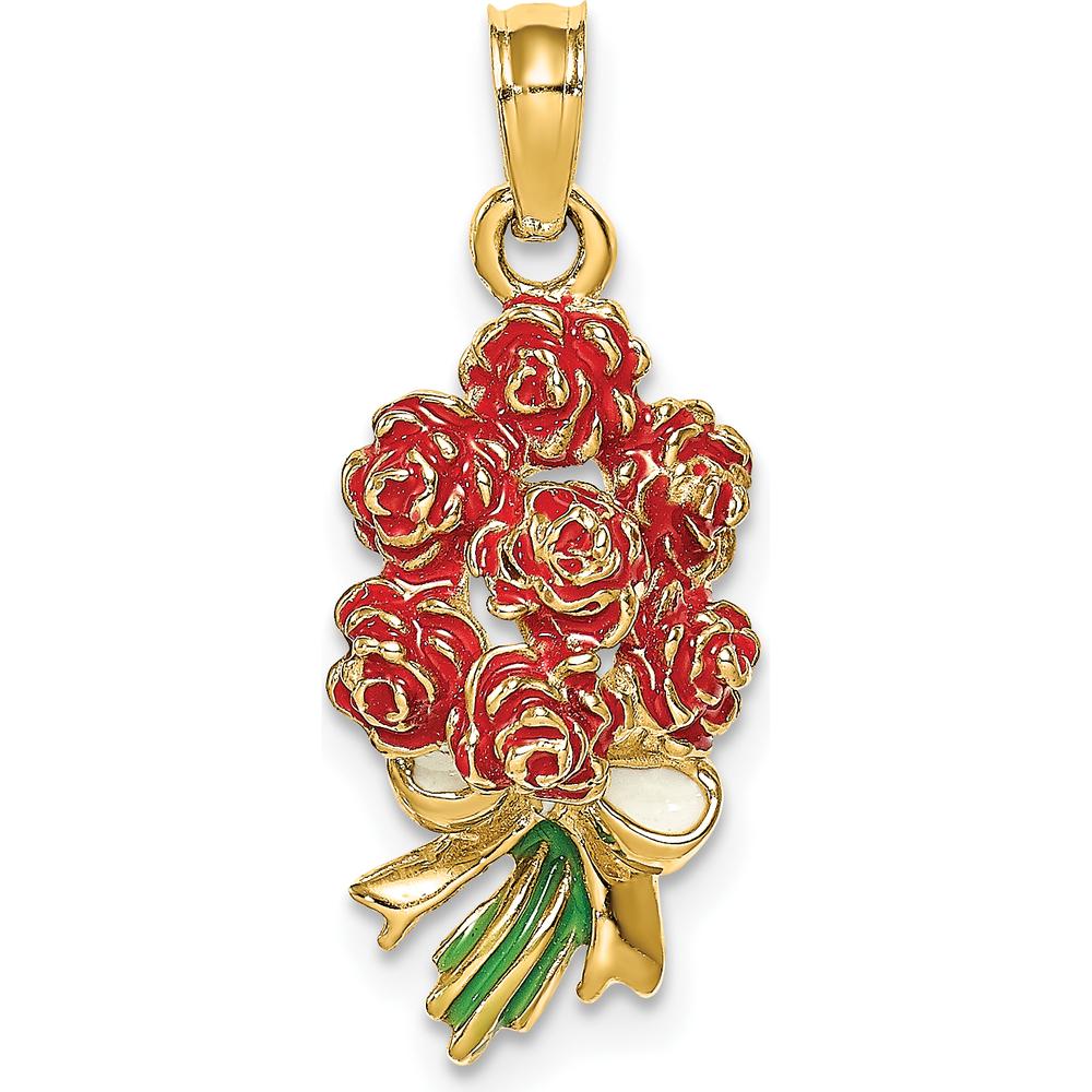 14K Yellow Gold Enameled Bouquet of Red Roses Pendant with Green Accents by Oro Pregiato