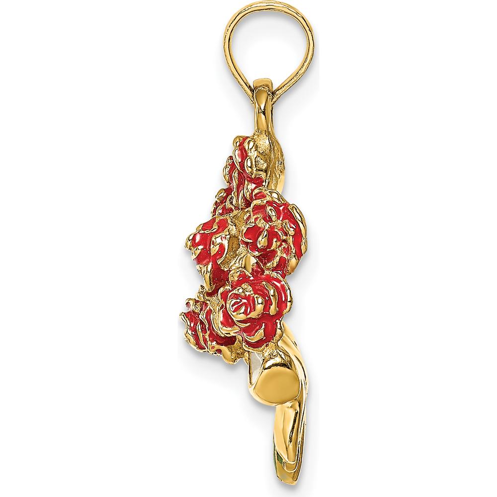 14K Yellow Gold Enameled Bouquet of Red Roses Pendant with Green Accents by Oro Pregiato