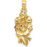 14K Yellow Gold Enameled Bouquet of Red Roses Pendant with Green Accents by Oro Pregiato
