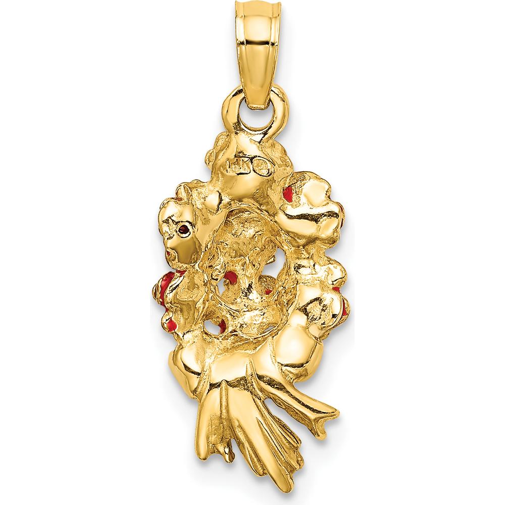 14K Yellow Gold Enameled Bouquet of Red Roses Pendant with Green Accents by Oro Pregiato
