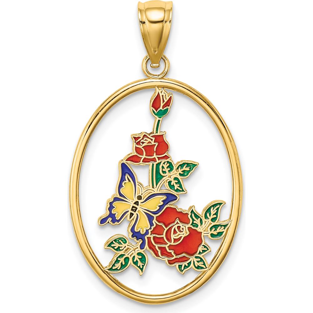 14K Yellow Gold Enameled Butterfly and Red Rose Pendant Charm with Multi-Colored Enamel Accents by Oro Pregiato