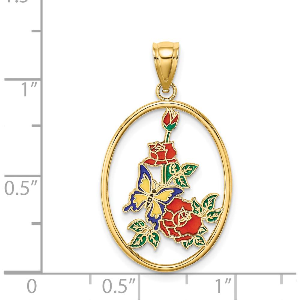 14K Yellow Gold Enameled Butterfly and Red Rose Pendant Charm with Multi-Colored Enamel Accents by Oro Pregiato