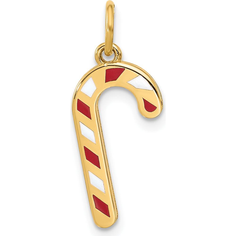 14K Yellow Gold Enameled Candy Cane Charm with Red and White Enamel Accents by Oro Pregiato