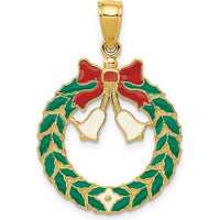 14K Yellow Gold Enameled Christmas Wreath Pendant with Bells - Holiday Charm by Oro Pregiato