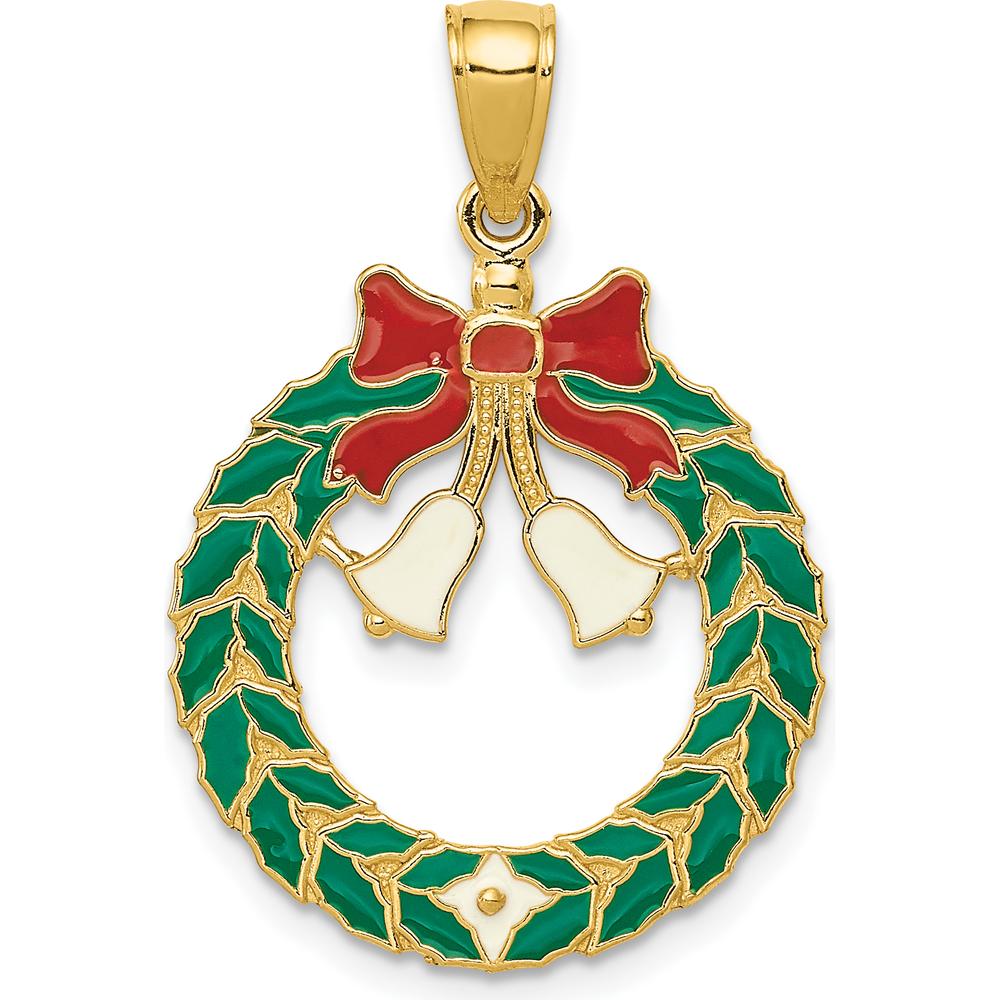 14K Yellow Gold Enameled Christmas Wreath Pendant with Bells - Holiday Charm by Oro Pregiato