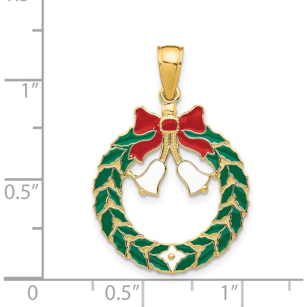 14K Yellow Gold Enameled Christmas Wreath Pendant with Bells - Holiday Charm by Oro Pregiato