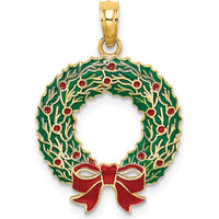14K Yellow Gold Enameled Christmas Wreath Pendant with Red and Green Enamel Accents - 24.5mm Length by Oro Pregiato