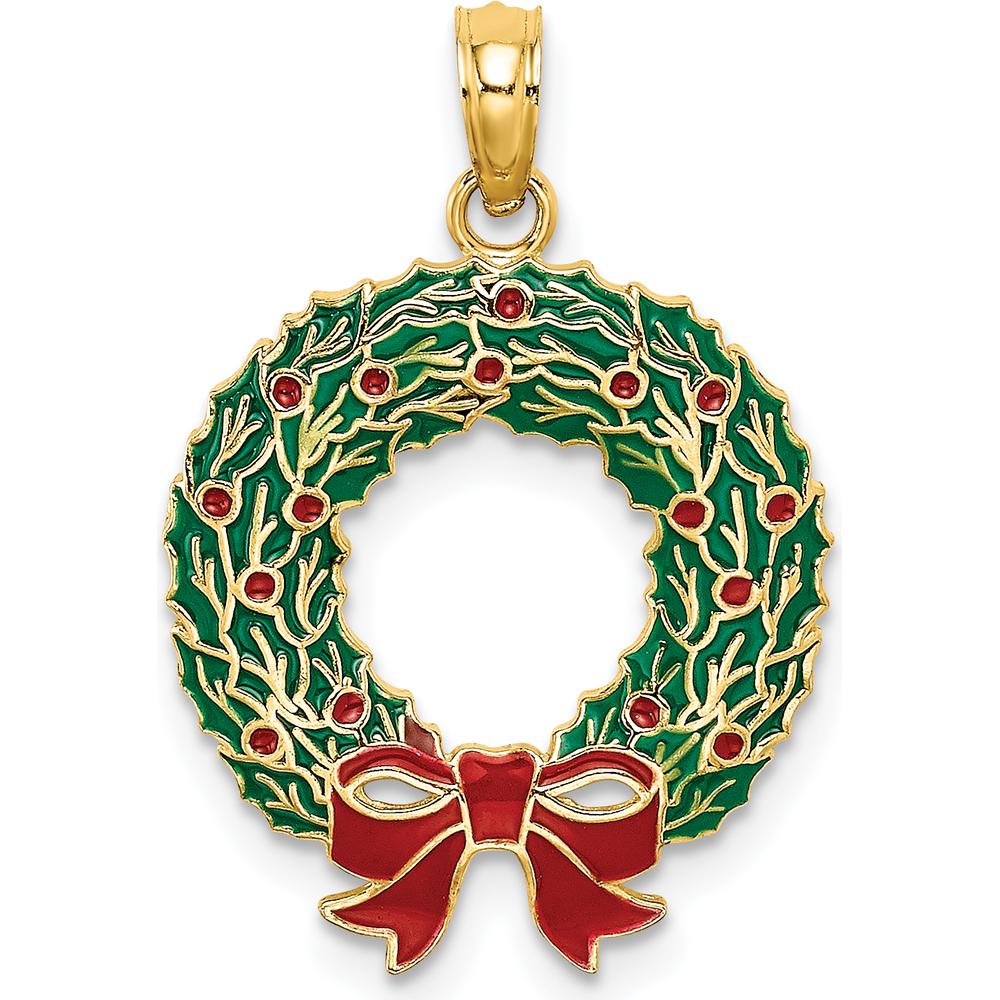 14K Yellow Gold Enameled Christmas Wreath Pendant with Red and Green Enamel Accents - 24.5mm Length by Oro Pregiato