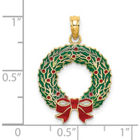 14K Yellow Gold Enameled Christmas Wreath Pendant with Red and Green Enamel Accents - 24.5mm Length by Oro Pregiato