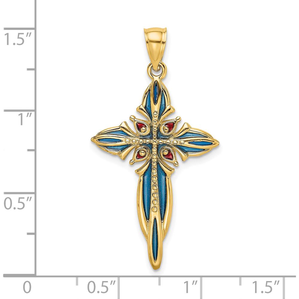 14K Yellow Gold Enameled Cross Charm Pendant with Blue and Red Enamel Accents by Oro Pregiato