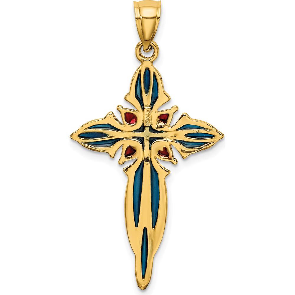 14K Yellow Gold Enameled Cross Charm Pendant with Blue and Red Enamel Accents by Oro Pregiato