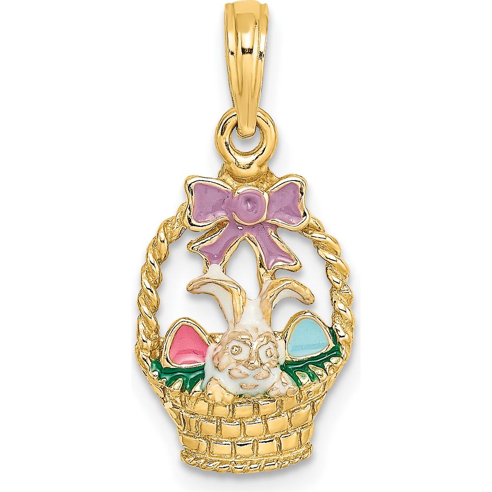 14K Yellow Gold Enameled Easter Basket Charm with Bunny and Pastel Eggs by Oro Pregiato
