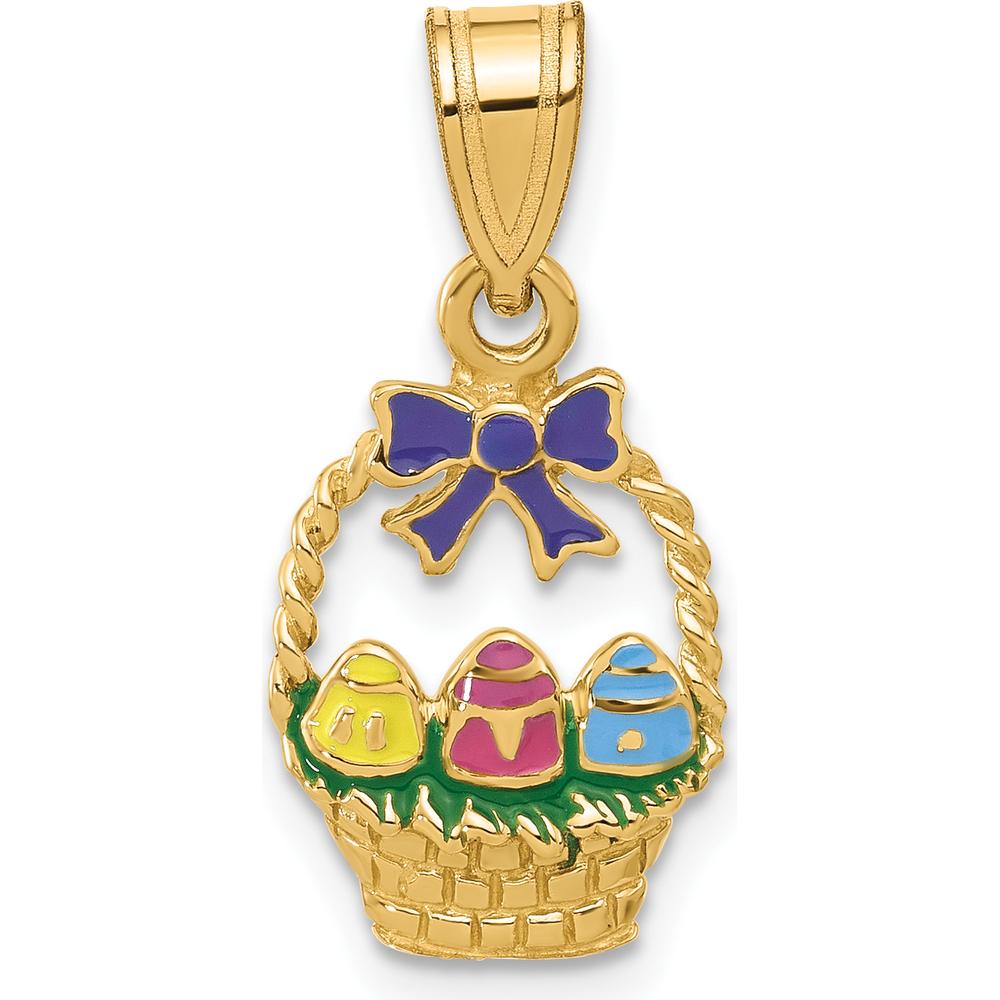 14K Yellow Gold Enameled Easter Basket Charm with Purple Bow and Colorful Eggs by Oro Pregiato
