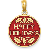 14K Yellow Gold Enameled "Happy Holidays" Charm with Holly Design - Red Enamel, 14.9mm Round by Oro Pregiato