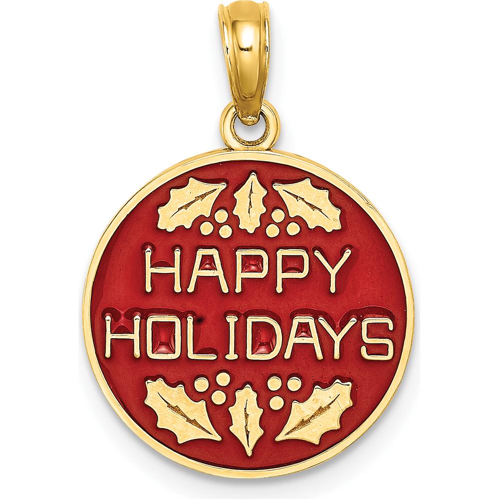 14K Yellow Gold Enameled "Happy Holidays" Charm with Holly Design - Red Enamel, 14.9mm Round by Oro Pregiato