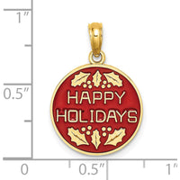 14K Yellow Gold Enameled "Happy Holidays" Charm with Holly Design - Red Enamel, 14.9mm Round by Oro Pregiato