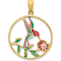 14K Yellow Gold Enameled Hummingbird and Flower Pendant by Oro Pregiato