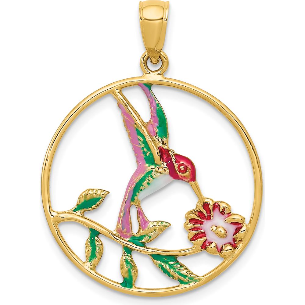14K Yellow Gold Enameled Hummingbird and Flower Pendant by Oro Pregiato