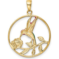 14K Yellow Gold Enameled Hummingbird and Flower Pendant by Oro Pregiato