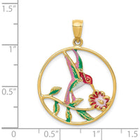 14K Yellow Gold Enameled Hummingbird and Flower Pendant by Oro Pregiato