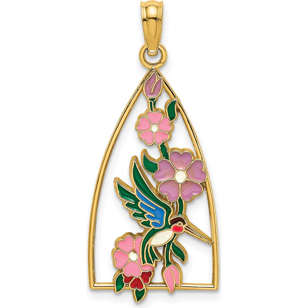 14K Yellow Gold Enameled Hummingbird and Flowers Triangle Charm - Vibrant Nature-Inspired Pendant by Oro Pregiato