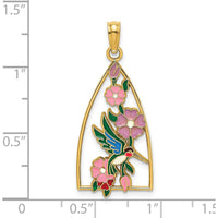 14K Yellow Gold Enameled Hummingbird and Flowers Triangle Charm - Vibrant Nature-Inspired Pendant by Oro Pregiato