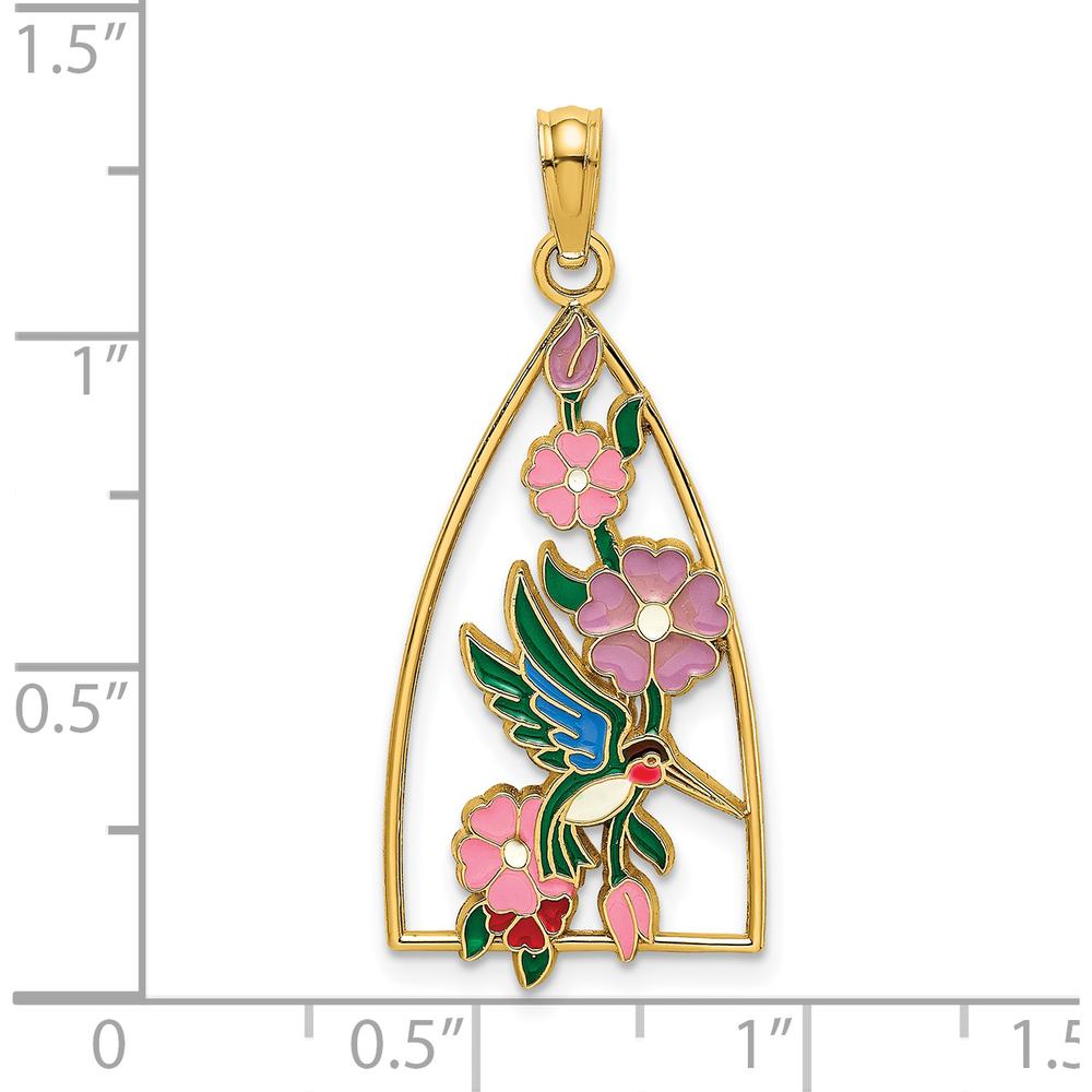 14K Yellow Gold Enameled Hummingbird and Flowers Triangle Charm - Vibrant Nature-Inspired Pendant by Oro Pregiato