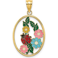 14K Yellow Gold Enameled Ladybug and Floral Pendant with Multi-Colored Enamel Accents - 30.7mm Length by Oro Pregiato