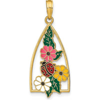14K Yellow Gold Enameled Ladybug and Flowers Triangle Pendant with Multi-Colored Enamel Accents by Oro Pregiato