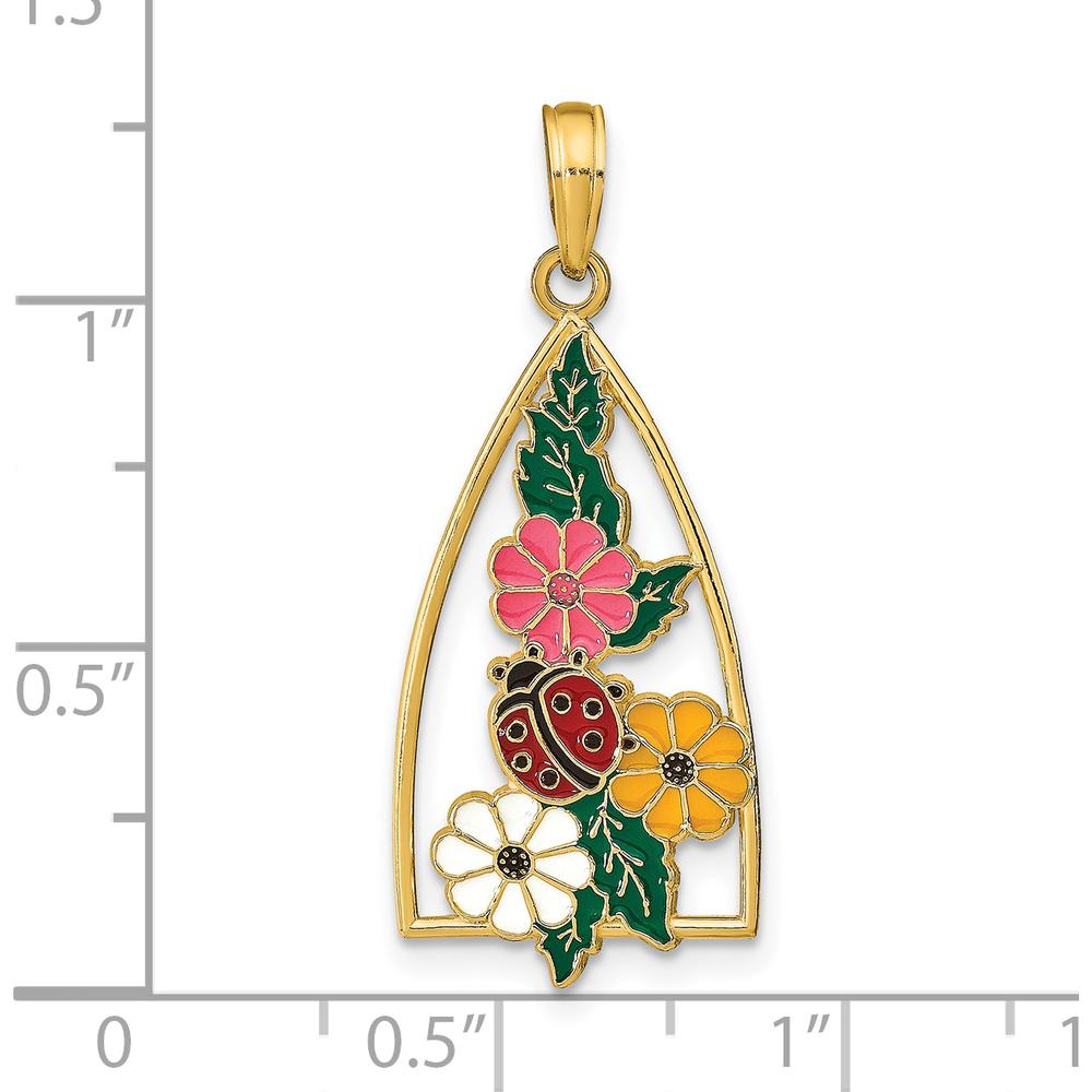 14K Yellow Gold Enameled Ladybug and Flowers Triangle Pendant with Multi-Colored Enamel Accents by Oro Pregiato