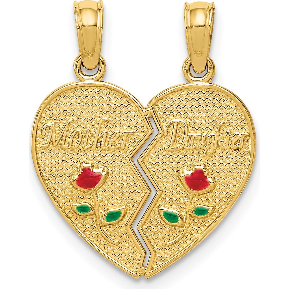 14K Yellow Gold Enameled Mother-Daughter 2-Piece Break-Apart Pendant with Red and Green Roses by Oro Pregiato
