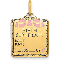 14K Yellow Gold Enameled Pink Birth Certificate Charm - Engravable Design