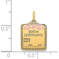 14K Yellow Gold Enameled Pink Birth Certificate Charm - Engravable Design