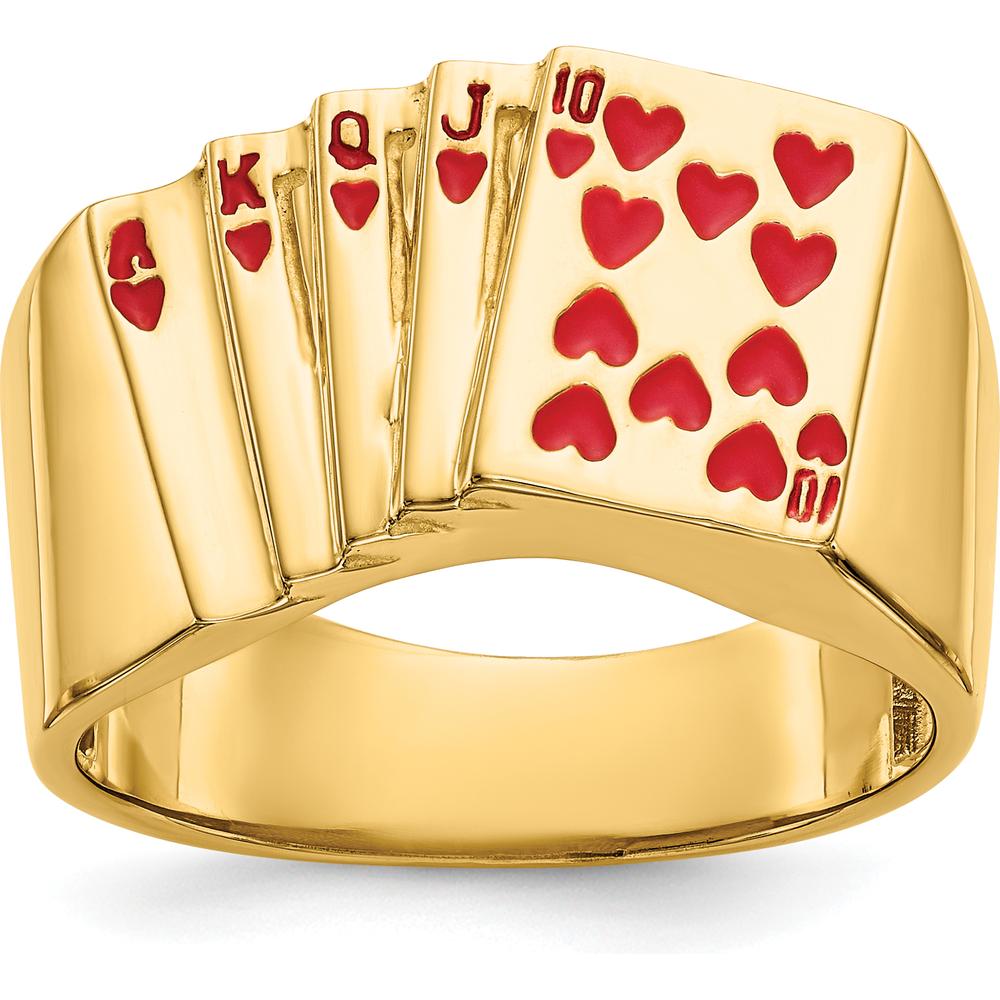 14K Yellow Gold Enameled Royal Flush Hearts Ring for Men by IBGoodman