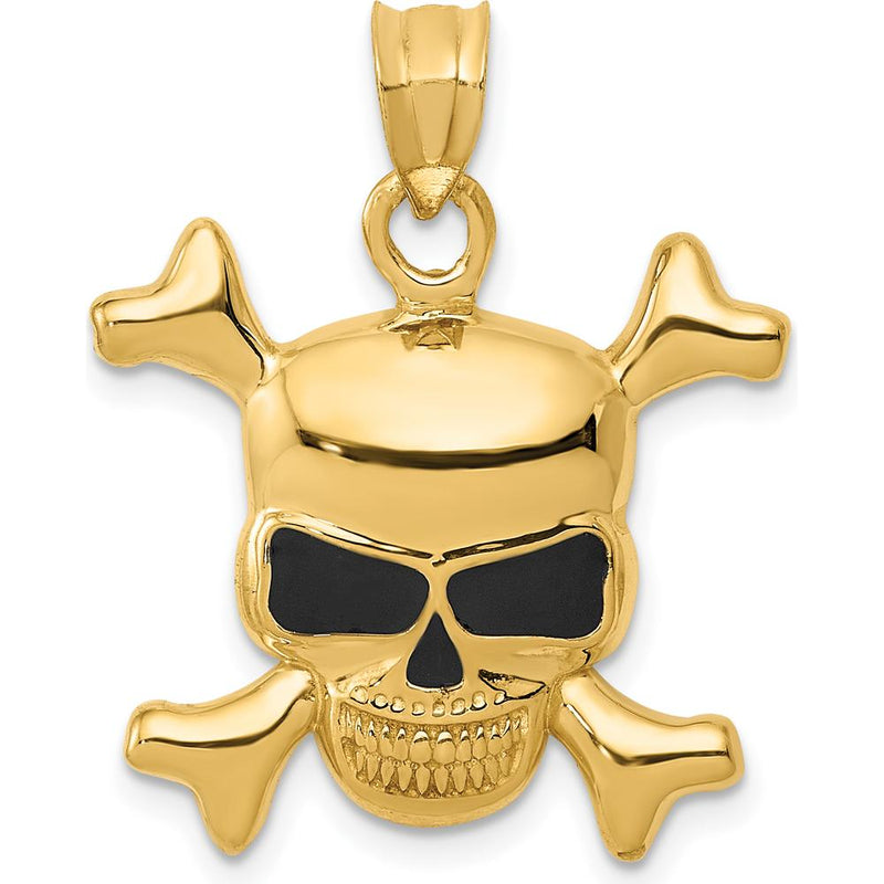 14K Yellow Gold Enameled Skull Pendant with Black Enamel Accents - 26mm Length, 22mm Width by Oro Pregiato