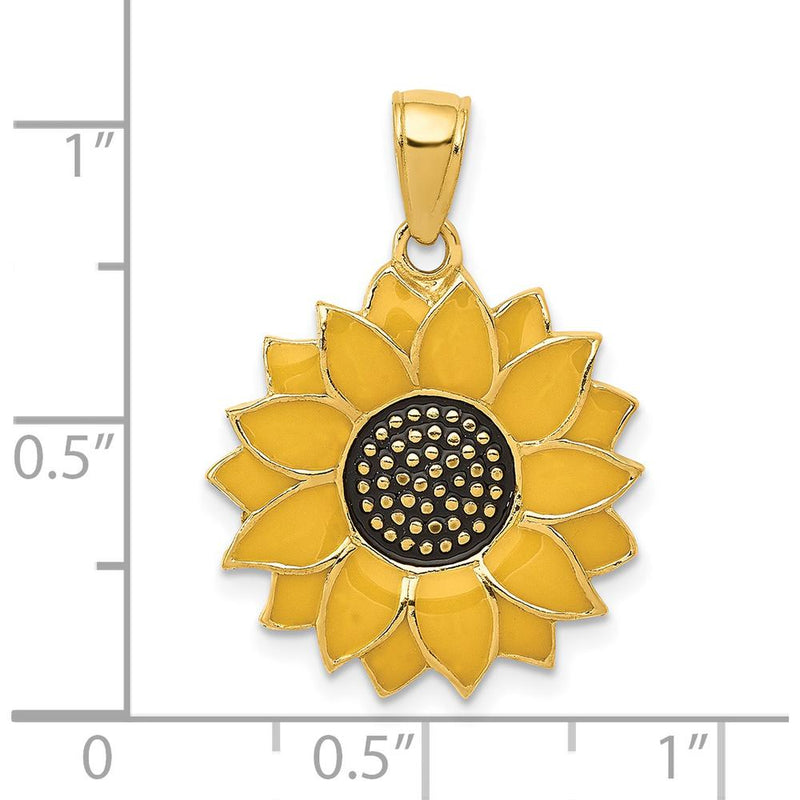 14K Yellow Gold Enameled Sunflower Pendant with Textured Back by Oro Pregiato