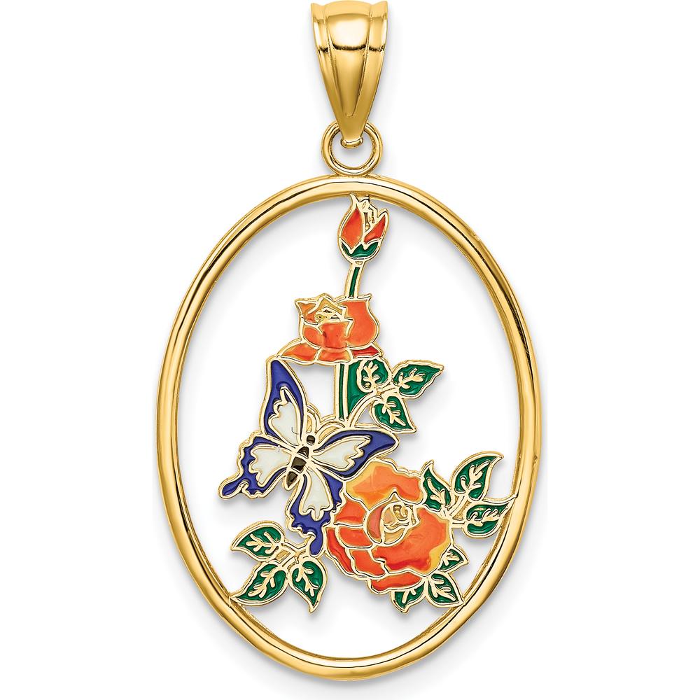 14K Yellow Gold Enameled White Butterfly and Orange Floral Pendant Charm - 30.7mm Length by Oro Pregiato