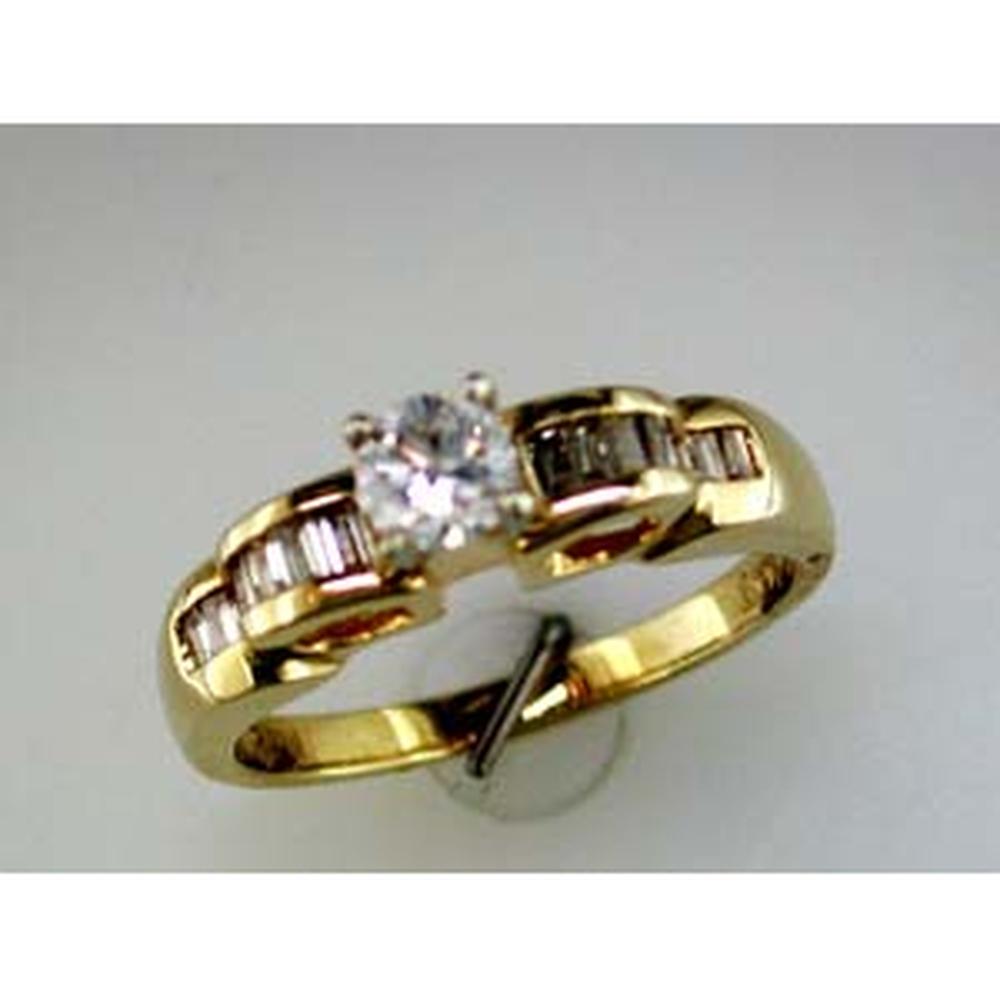 14K Yellow Gold Engagement Ring with 0.35 Carat Round Center Diamond and 0.25 Carat Baguette Diamond Accents – Total 0.60 Carat Diamond Weight - Royal Jewelry