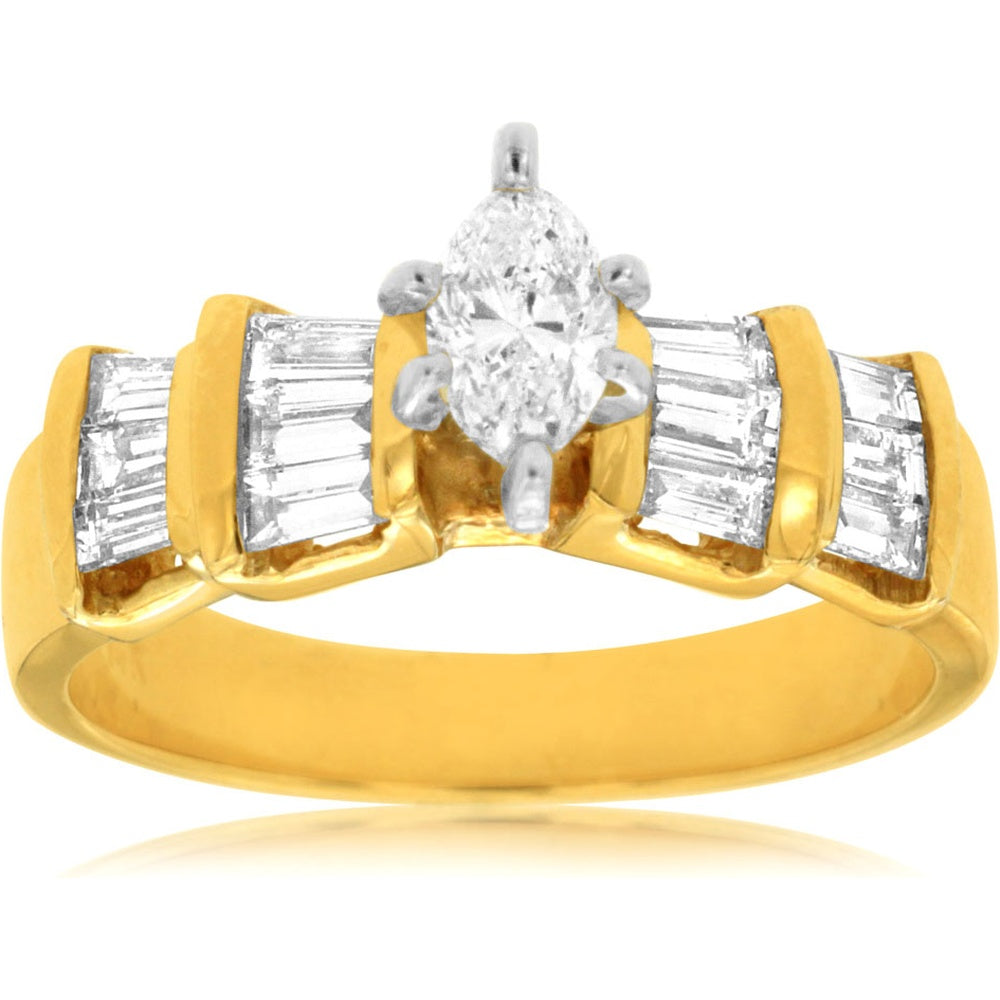 14K Yellow Gold Engagement Ring with 0.42 Carat Marquise Cut Center Diamond and 0.68 Carat Baguette Diamond Accents - Total Diamond Weight 1.10 Carats - Royal Jewelry