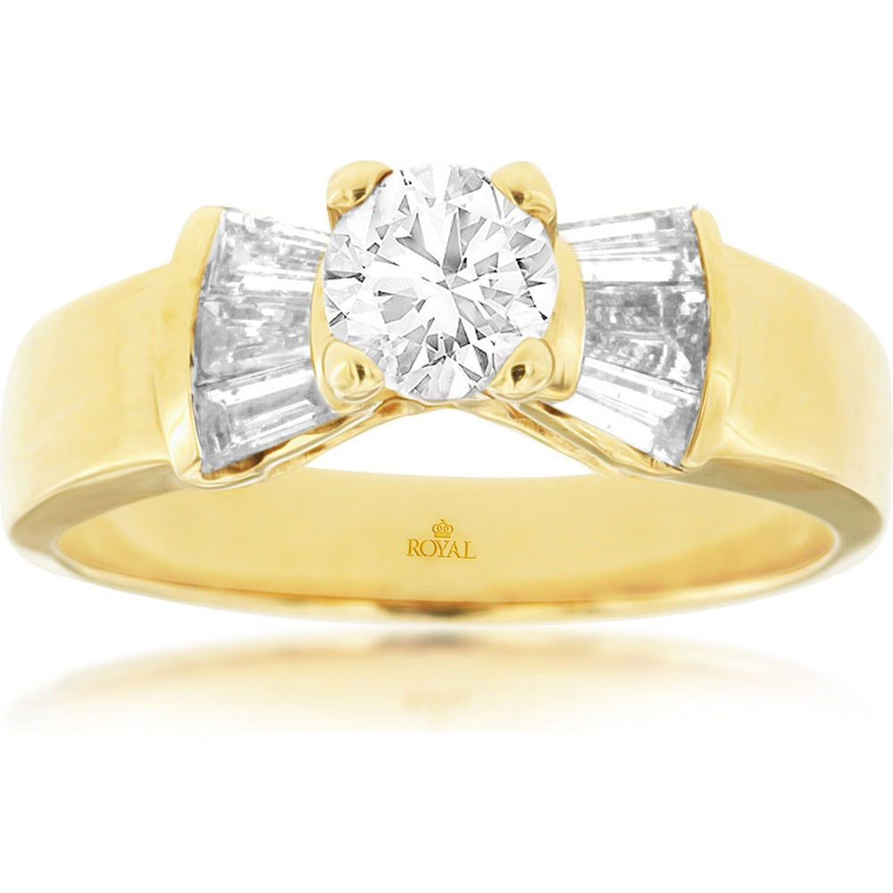 14K Yellow Gold Engagement Ring with 0.46 Carat Round Center Diamond and 0.44 Carat Channel-Set Baguette Diamonds - Royal Jewelry