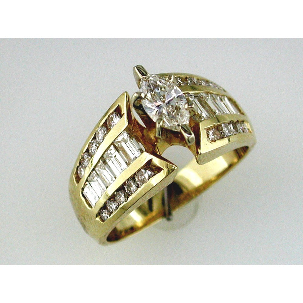 14K Yellow Gold Engagement Ring with 0.48 Carat Marquise Diamond and 1.36 Carat Baguette and Round Accents - Total 1.84 Carat Diamond Weight - Royal Jewelry