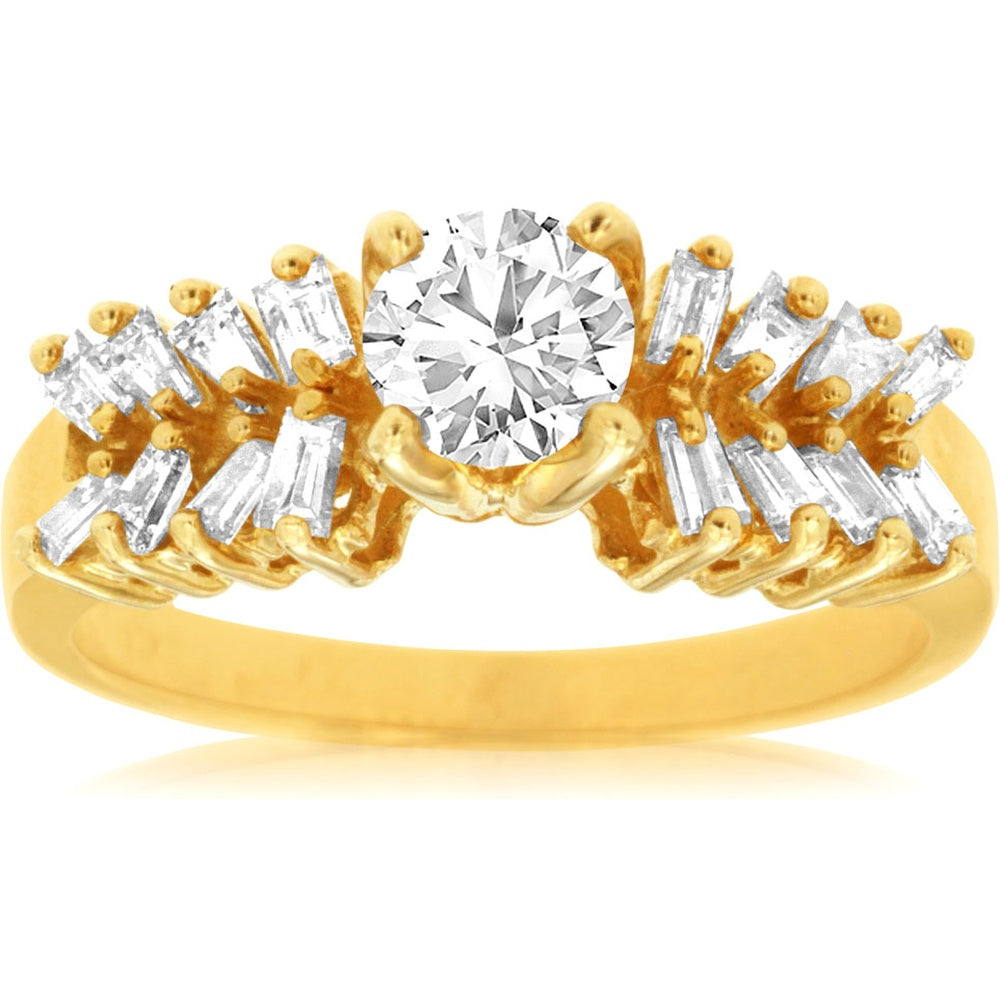 14K Yellow Gold Engagement Ring with 0.52 Carat Round Center Diamond and 0.70 Carat Baguette Side Diamonds - 1.22 Carat Total Diamond Weight - Royal Jewelry
