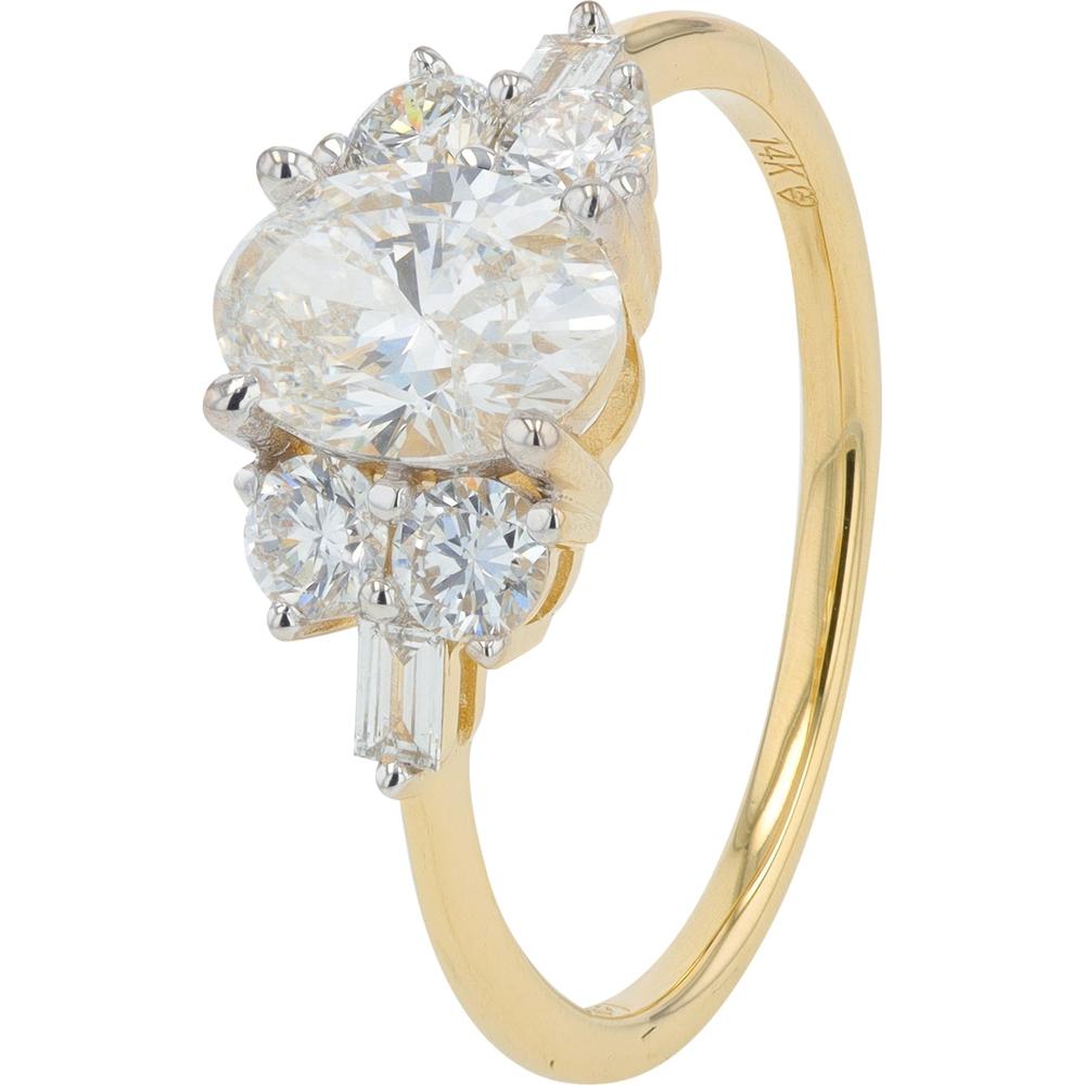 14K Yellow Gold Engagement Ring with 1.00 Carat Oval Lab Grown Diamond Center and 0.50 Carats Round & Baguette Accents