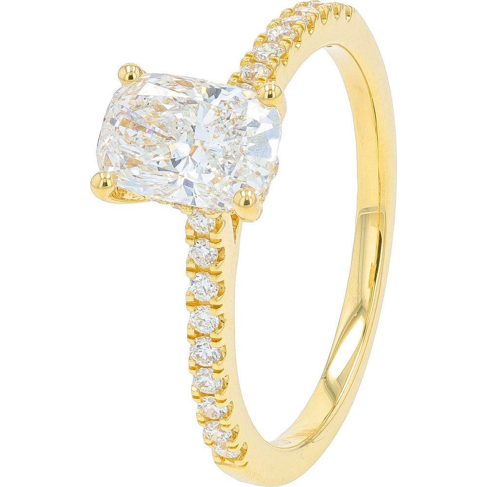 14K Yellow Gold Engagement Ring with 1.25 Carat Total Weight Lab Grown Diamond - 1.08 Carat Elongated Cushion Cut Center Stone and Pavé Set Band
