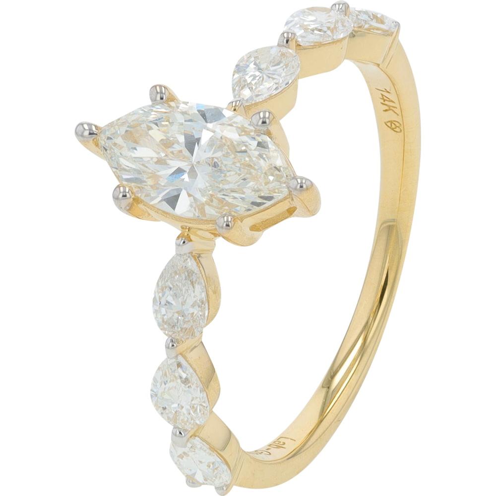 14K Yellow Gold Engagement Ring with 1.50 Carat Lab Grown Marquise Diamond and Pear Shaped Diamond Accents