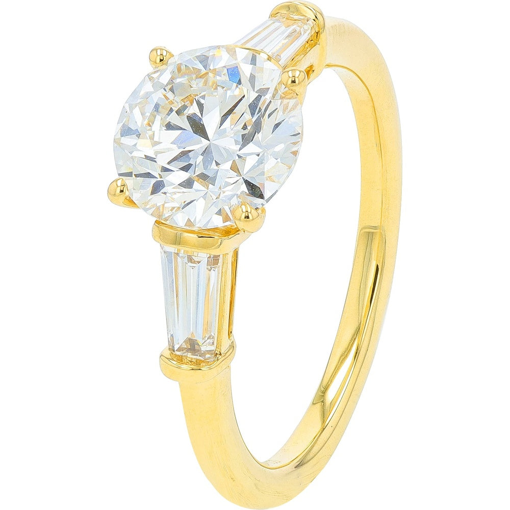 14K Yellow Gold Engagement Ring with 2.00 Carat Lab Grown Round Diamond and Tapered Baguette Side Stones - 2.50 Carat Total Diamond Weight