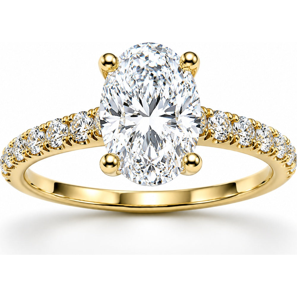 14K Yellow Gold Engagement Ring with 3.10 Carat Oval Center Lab Grown Diamond and 0.95 Carat Total Weight of Round Side Lab Grown Diamonds by Auriventus