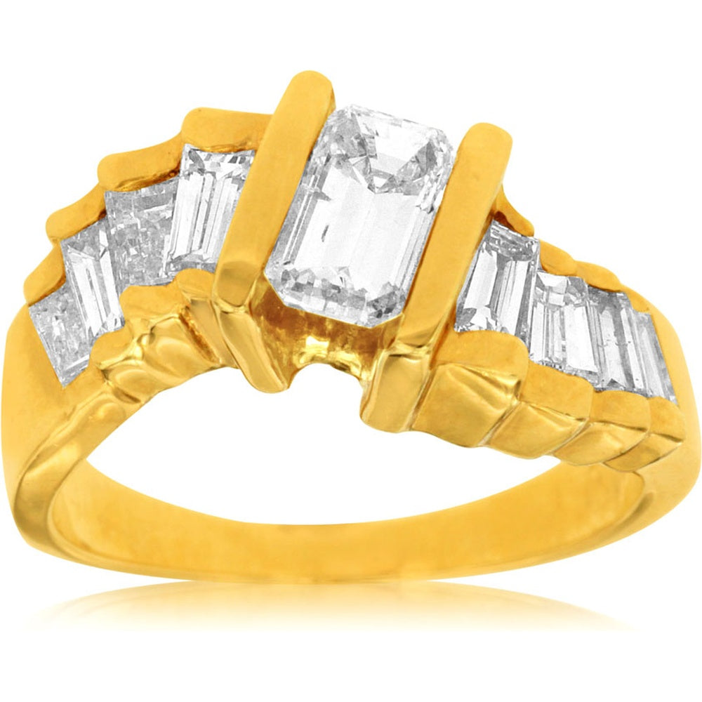 14K Yellow Gold Engagement Ring with Bar-Set 0.88 Carat Emerald Cut Diamond and 0.85 Carat Baguette Diamonds - Royal Jewelry