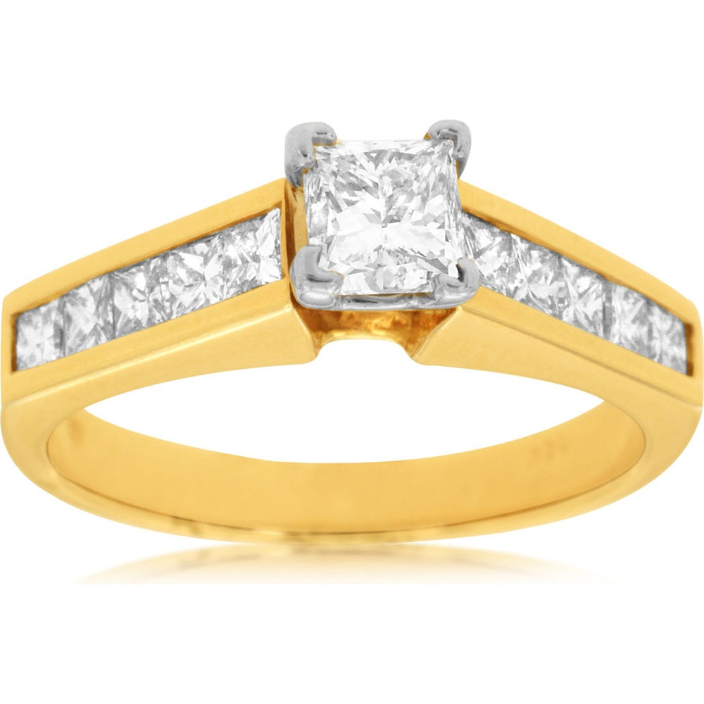 14K Yellow Gold Engagement Ring with Channel-Set Princess Cut Side Stones and 0.55 Carat Princess Center Diamond - 1.45 Carat Total Diamond Weight - Royal Jewelry