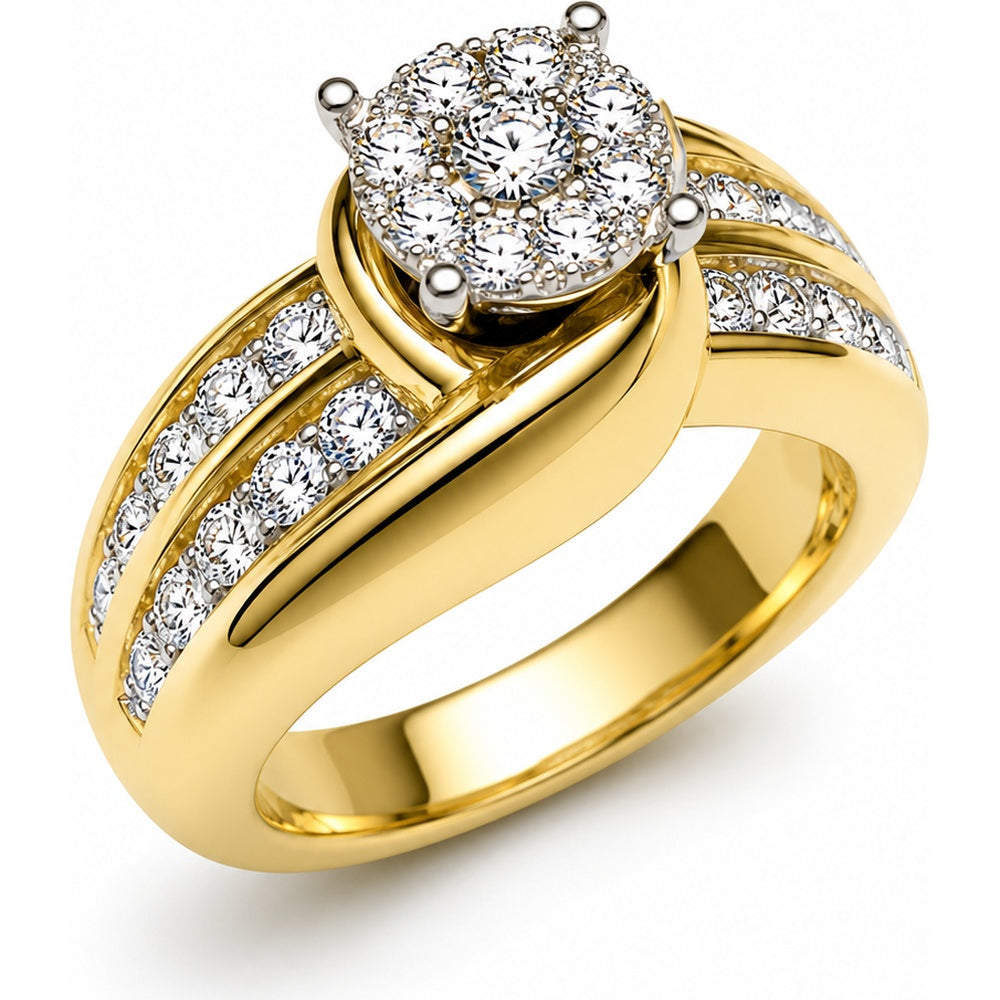 14K Yellow Gold Engagement Ring with Crossover Channel Set Round Diamond Cluster - 0.69 Carat Total Diamond Weight by Auriventus